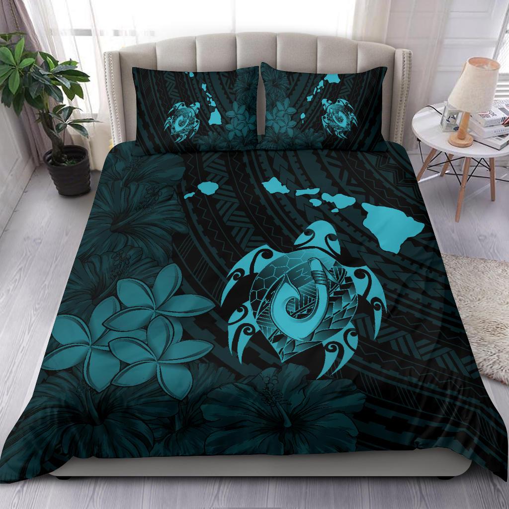 Hawaiian Map Turtle Plumeria Hibiscus Fish Hook Polynesian Bedding Set Blue - Polynesian Pride