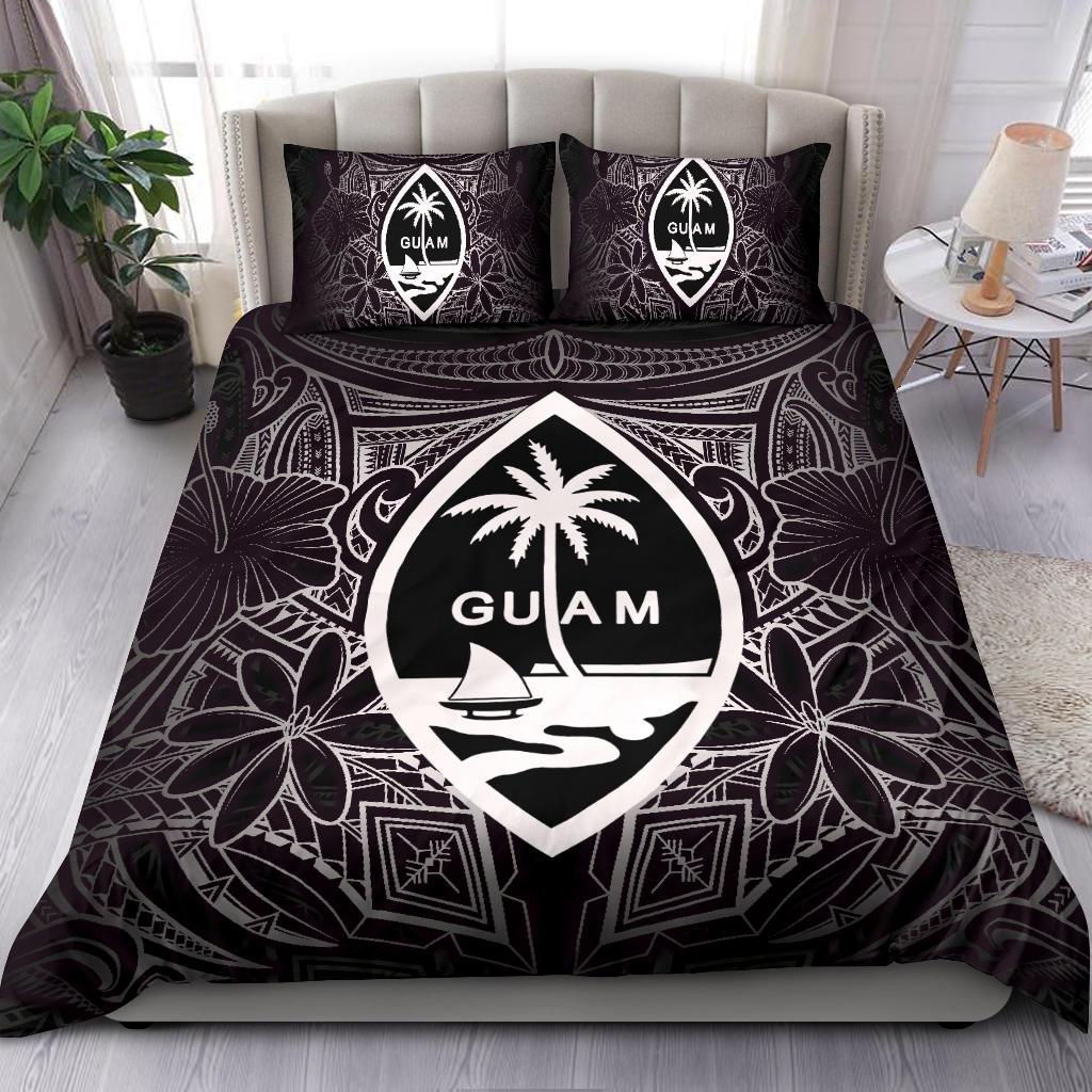 Guam Polynesian Bedding Set - White Hibiscus Coat Of Arms Black - Polynesian Pride