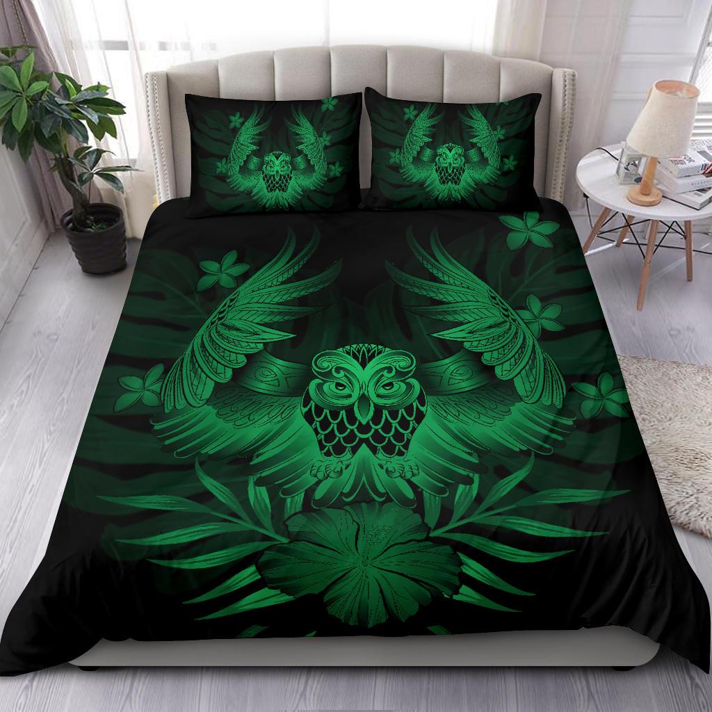 Hawaiian Owl Hibiscus Plumeria Polynesian Bedding Set - Green - Polynesian Pride