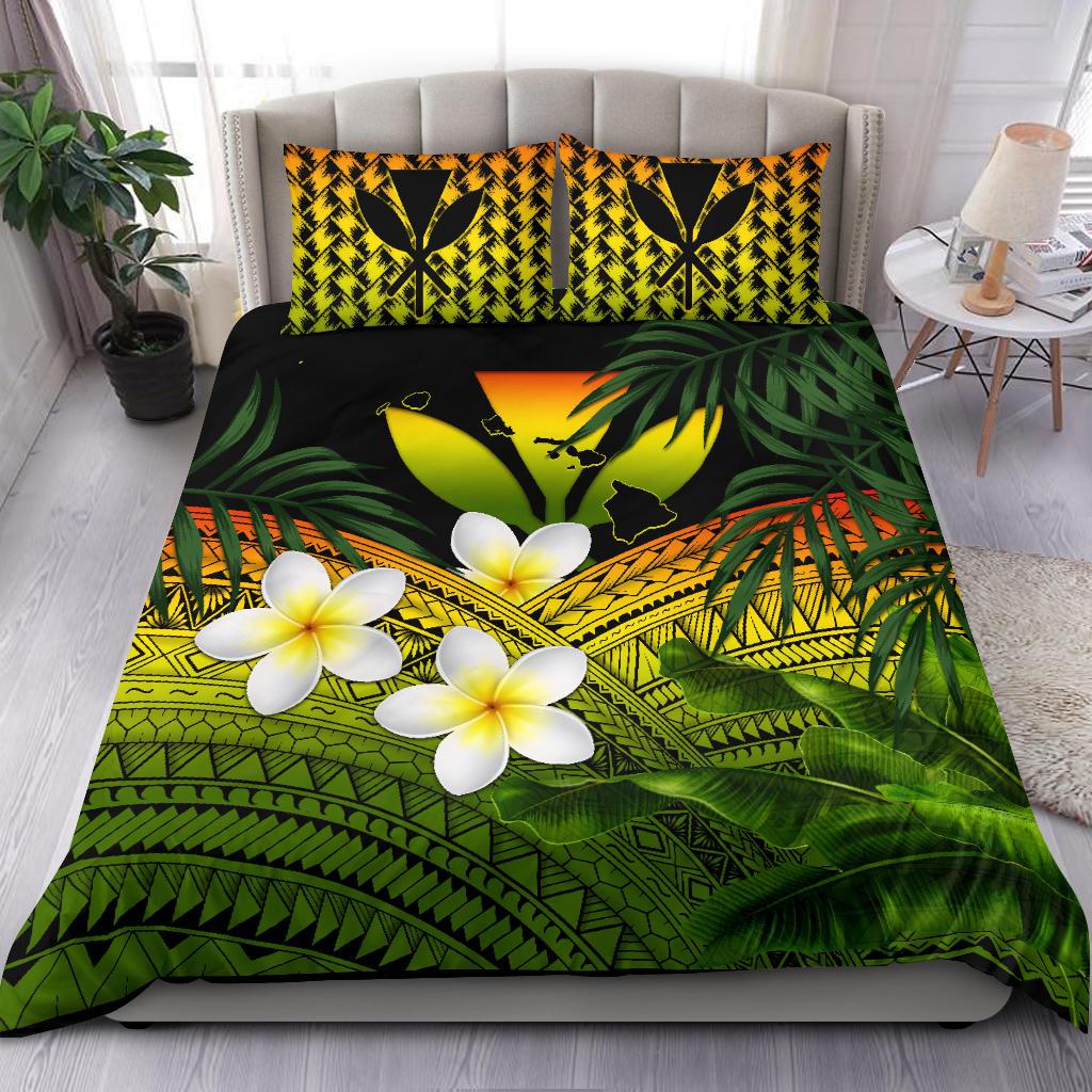 Kanaka Maoli (Hawaiian) Bedding Set, Polynesian Plumeria Banana Leaves Reggae Reggae - Polynesian Pride