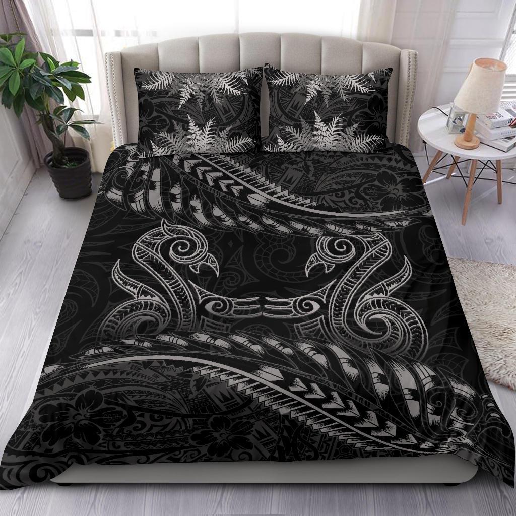 New Zealand Bedding Set Gray Manaia Maori - Silver Fern Duvet Cover Art - Polynesian Pride