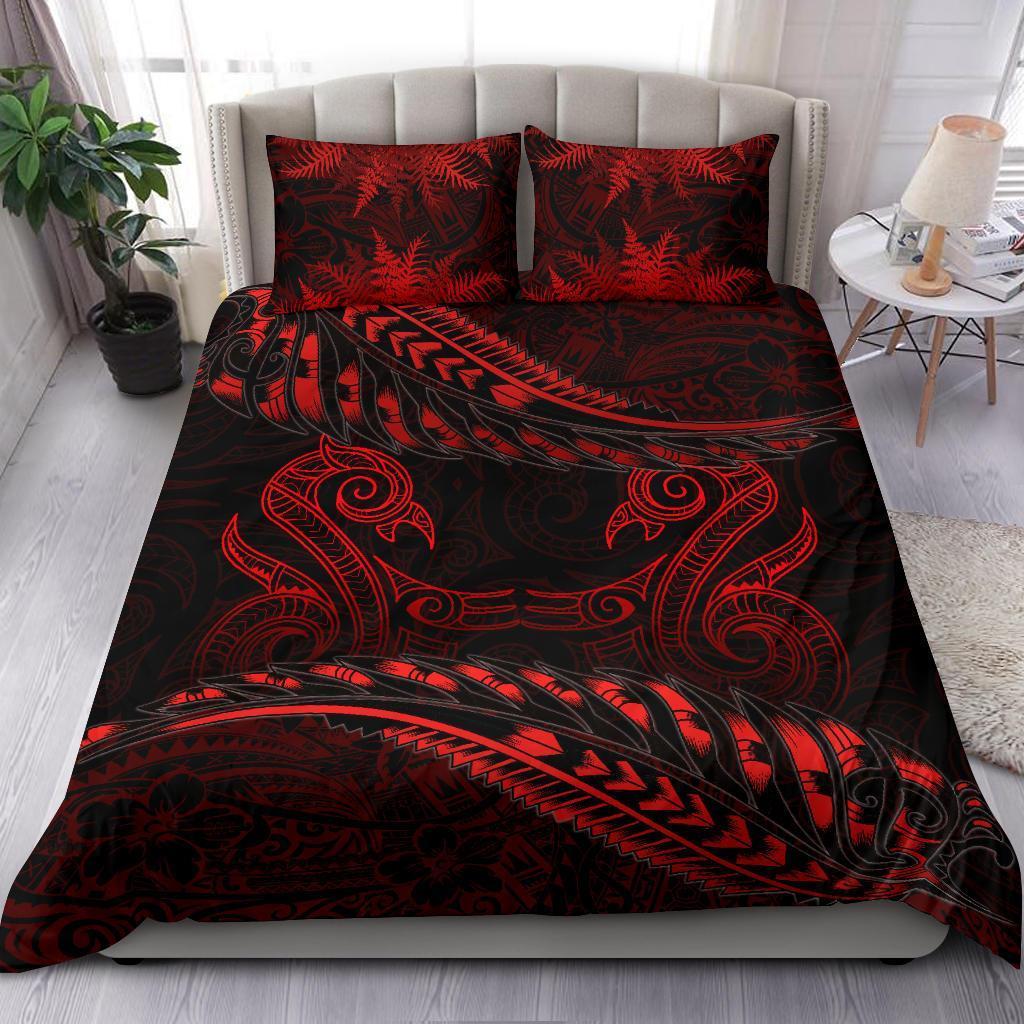 Aotearoa Bedding Set Red Maori Manaia With Silver Fern Art - Polynesian Pride