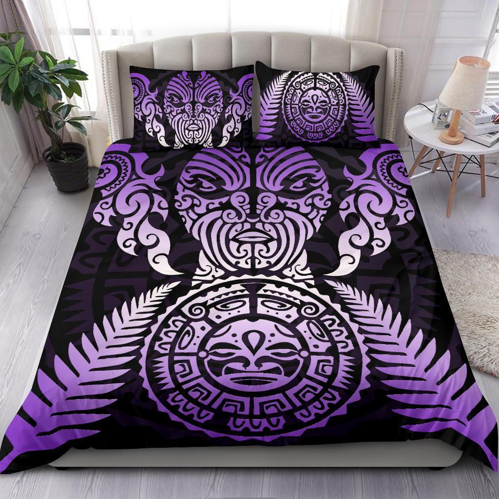 Maori Face Fern New Zealand Bedding Set Purple Purple - Polynesian Pride