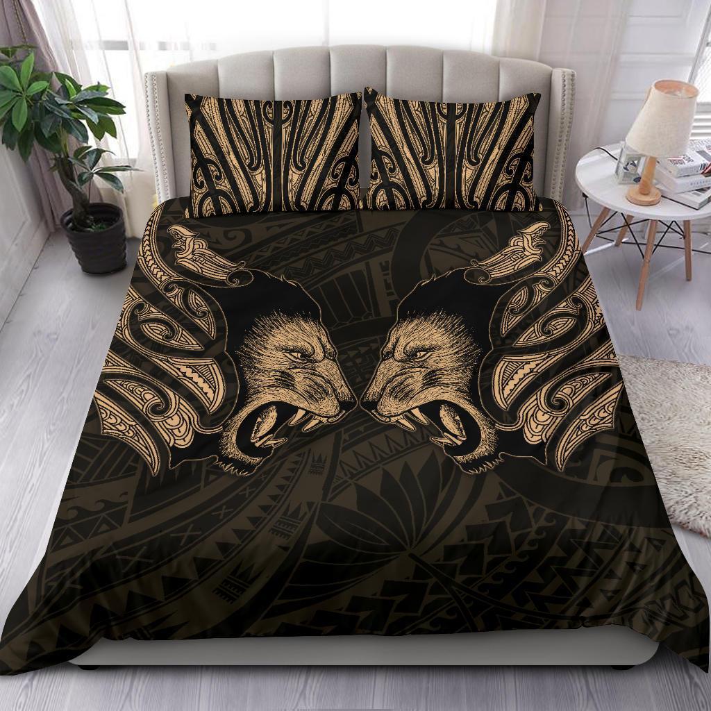 Double Lion Maori Tattoo Bedding Set New Zealand - Gold Black - Polynesian Pride