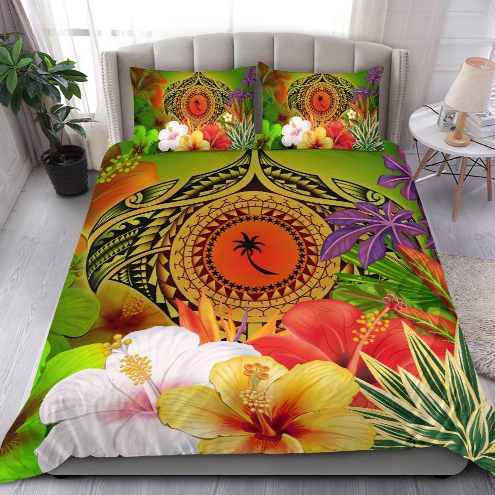 Chuuk Polynesian Bedding Set - Manta Ray Tropical Flowers (Reggae) Green - Polynesian Pride