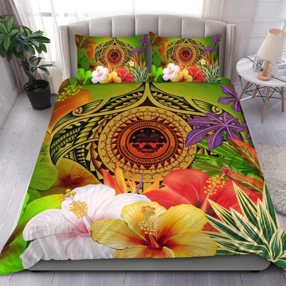 Fsm Polynesian Bedding Set - Manta Ray Tropical Flowers (Reggae) Green - Polynesian Pride