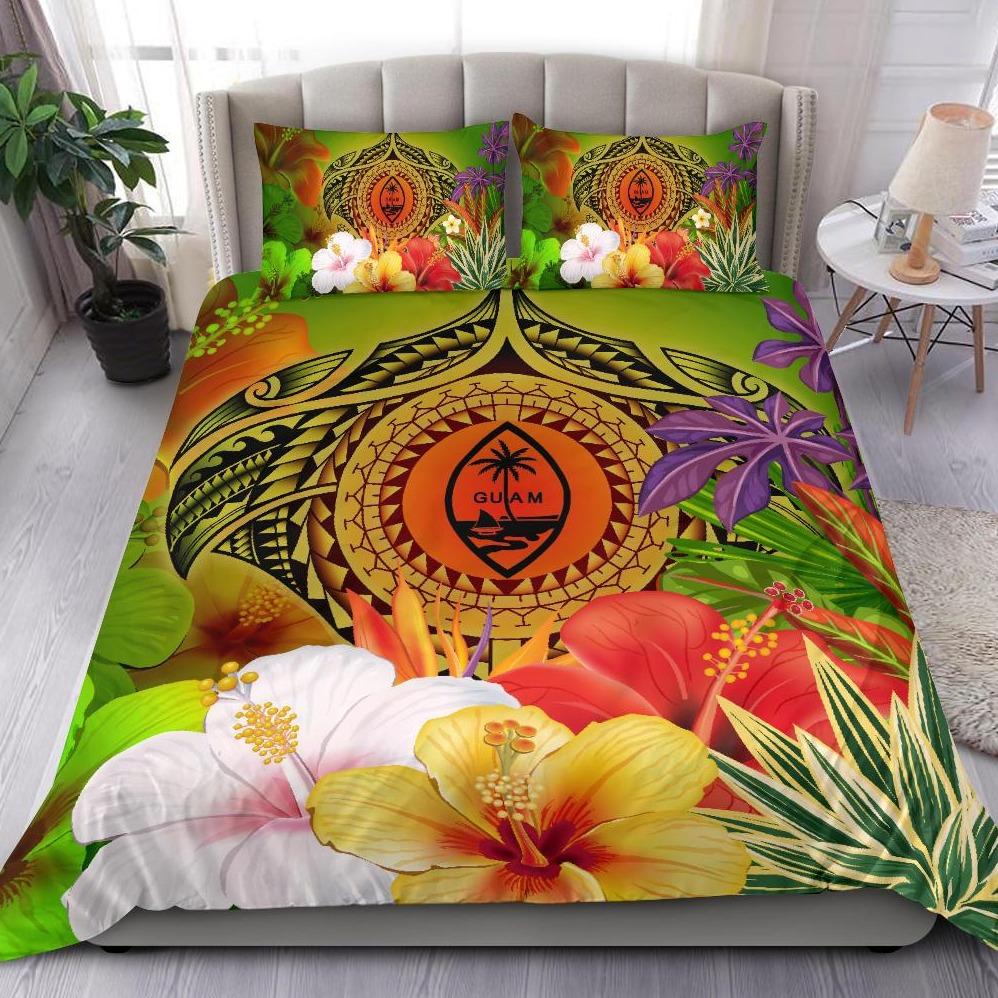 Guam Polynesian Bedding Set - Manta Ray Tropical Flowers (Reggae) Green - Polynesian Pride