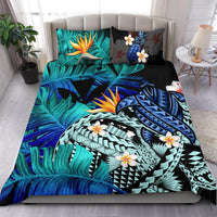Kanaka Maoli (Hawaiian) Bedding Set, Polynesian Pineapple Banana Leaves Turtle Tattoo Blue - Polynesian Pride