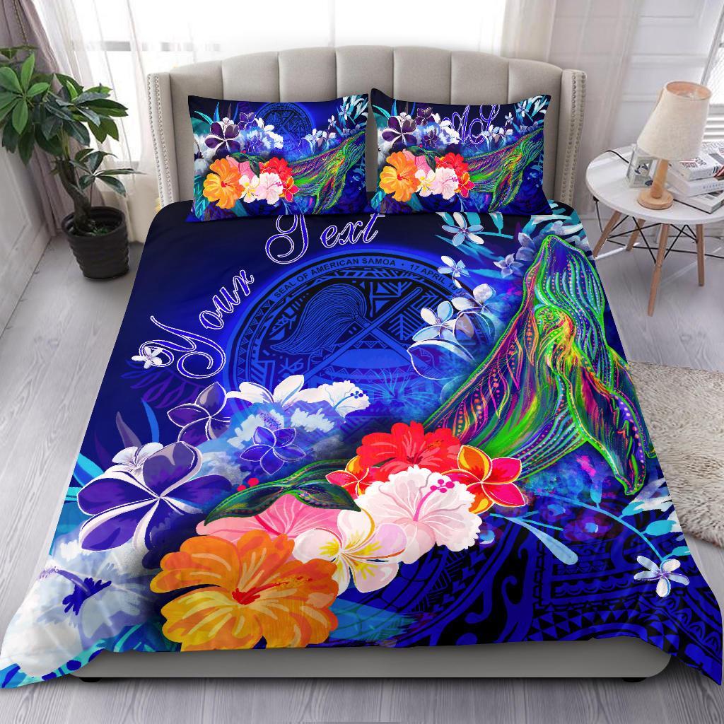 American Samoa Polynesian Custom Personalised Bedding Set - Humpback Whale with Tropical Flowers (Blue) - Polynesian Pride