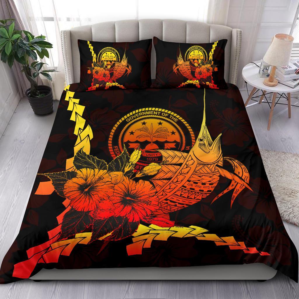 Federated States Of Micronesia Polynesian Bedding Set - Swordfish With Hibiscus Black - Polynesian Pride