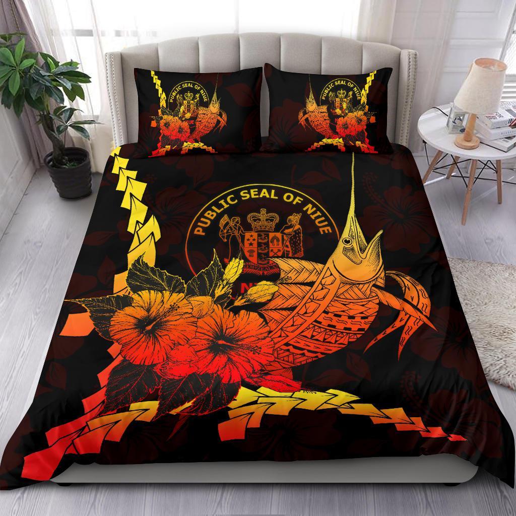 Niue Polynesian Bedding Set - Swordfish With Hibiscus Black - Polynesian Pride