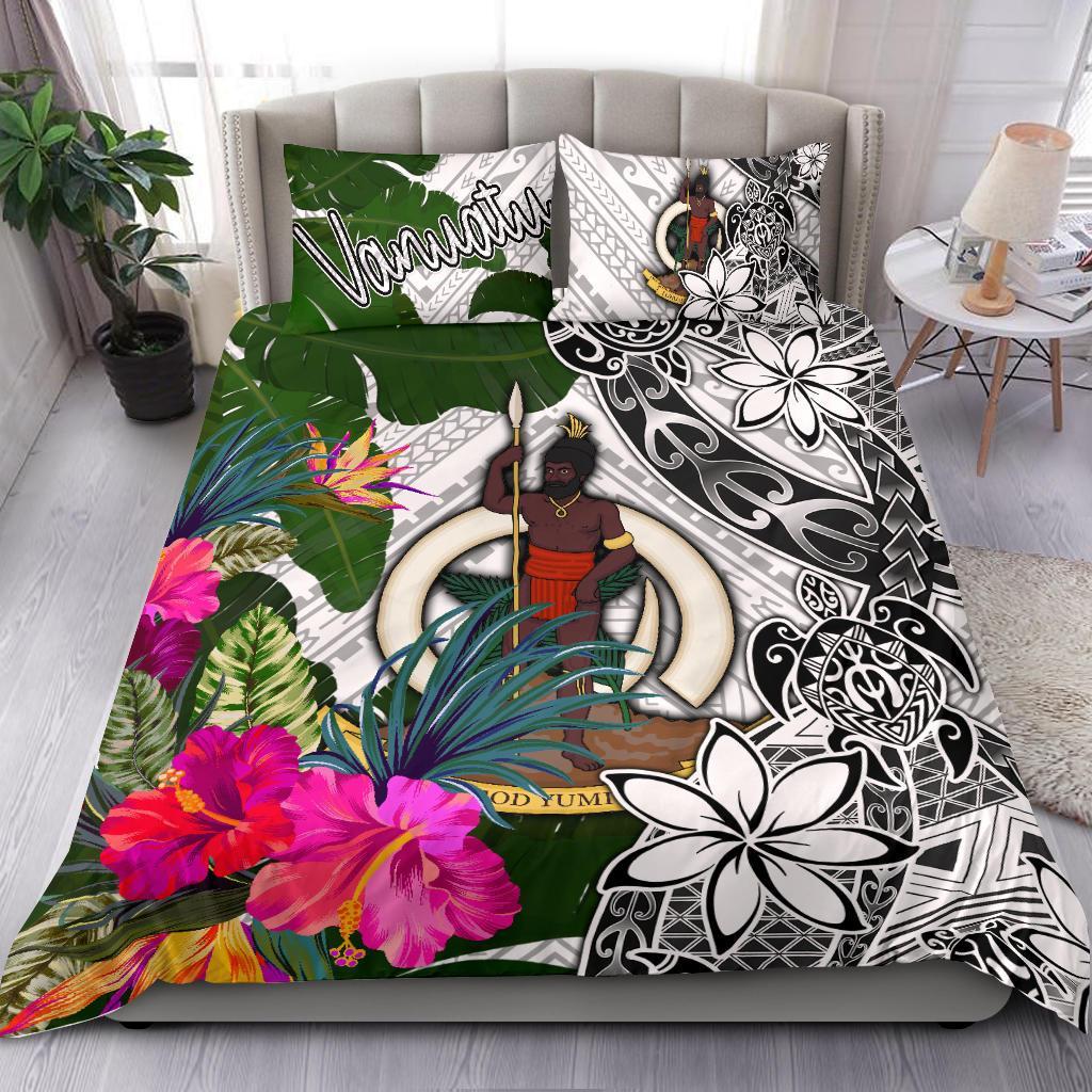 Vanuatu Bedding Set White - Turtle Plumeria Banana Leaf White - Polynesian Pride