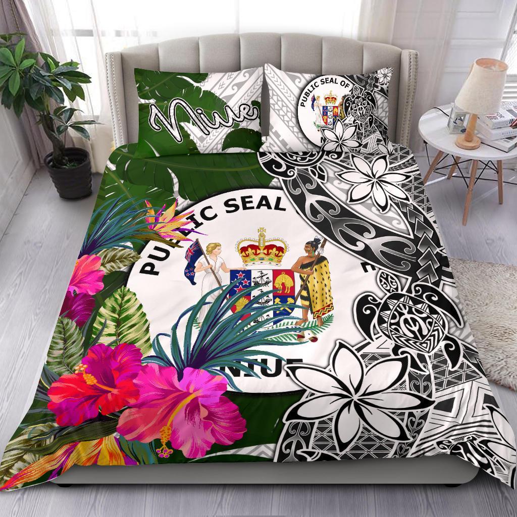 Niue Bedding Set White - Turtle Plumeria Banana Leaf White - Polynesian Pride