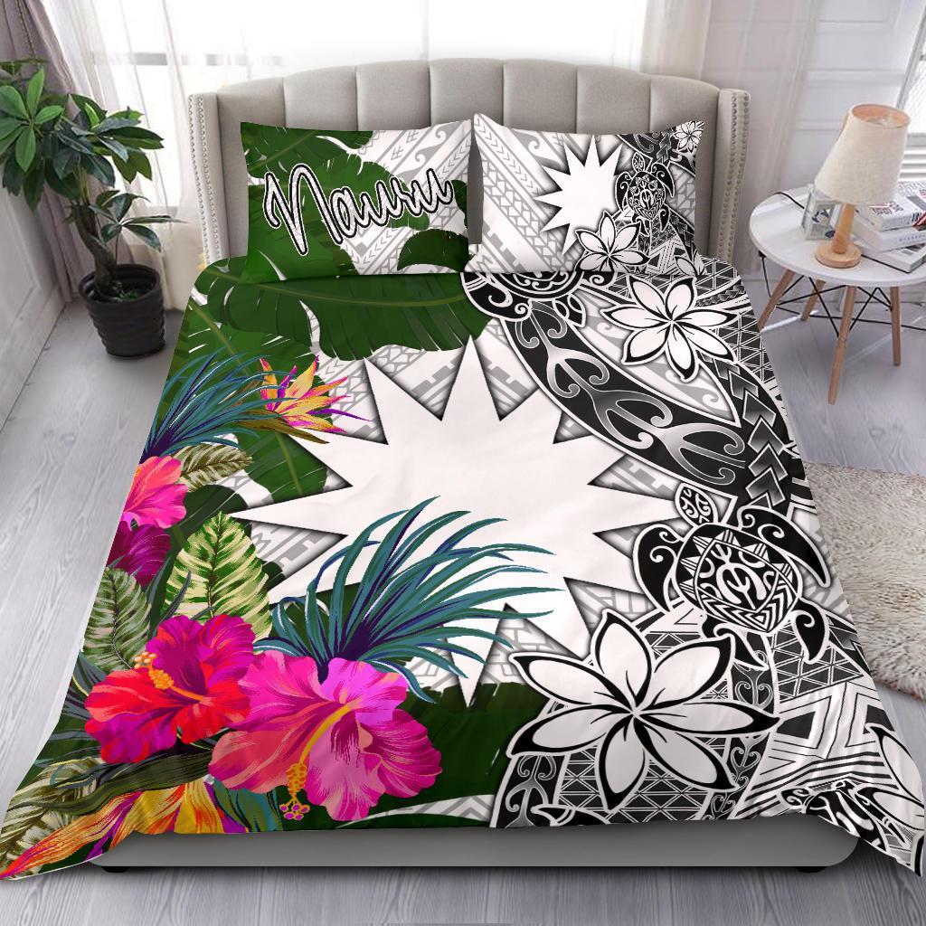 Nauru Bedding Set White - Turtle Plumeria Banana Leaf White - Polynesian Pride