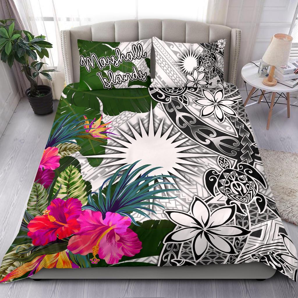 Marshall Islands Bedding Set White - Turtle Plumeria Banana Leaf White - Polynesian Pride