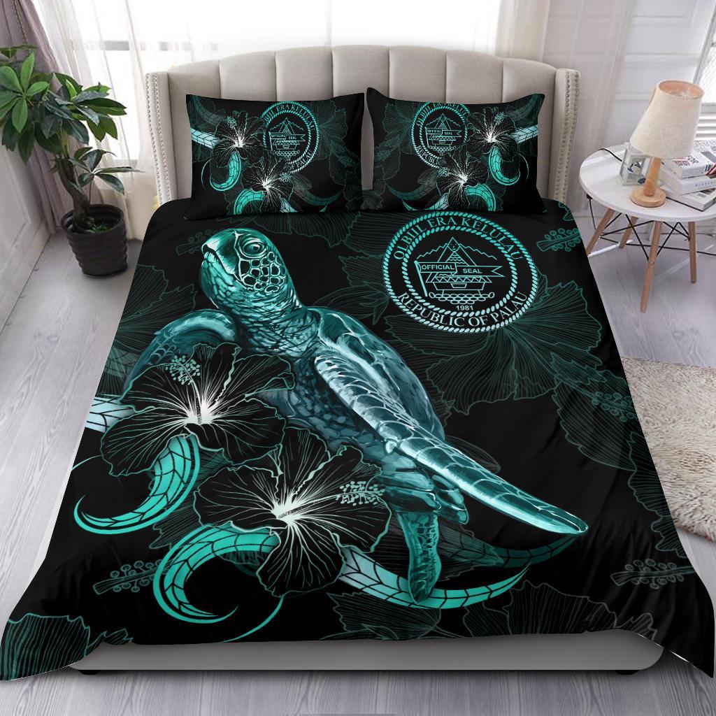 Palau Polynesian Bedding Set - Turtle With Blooming Hibiscus Turquoise Turquoise - Polynesian Pride