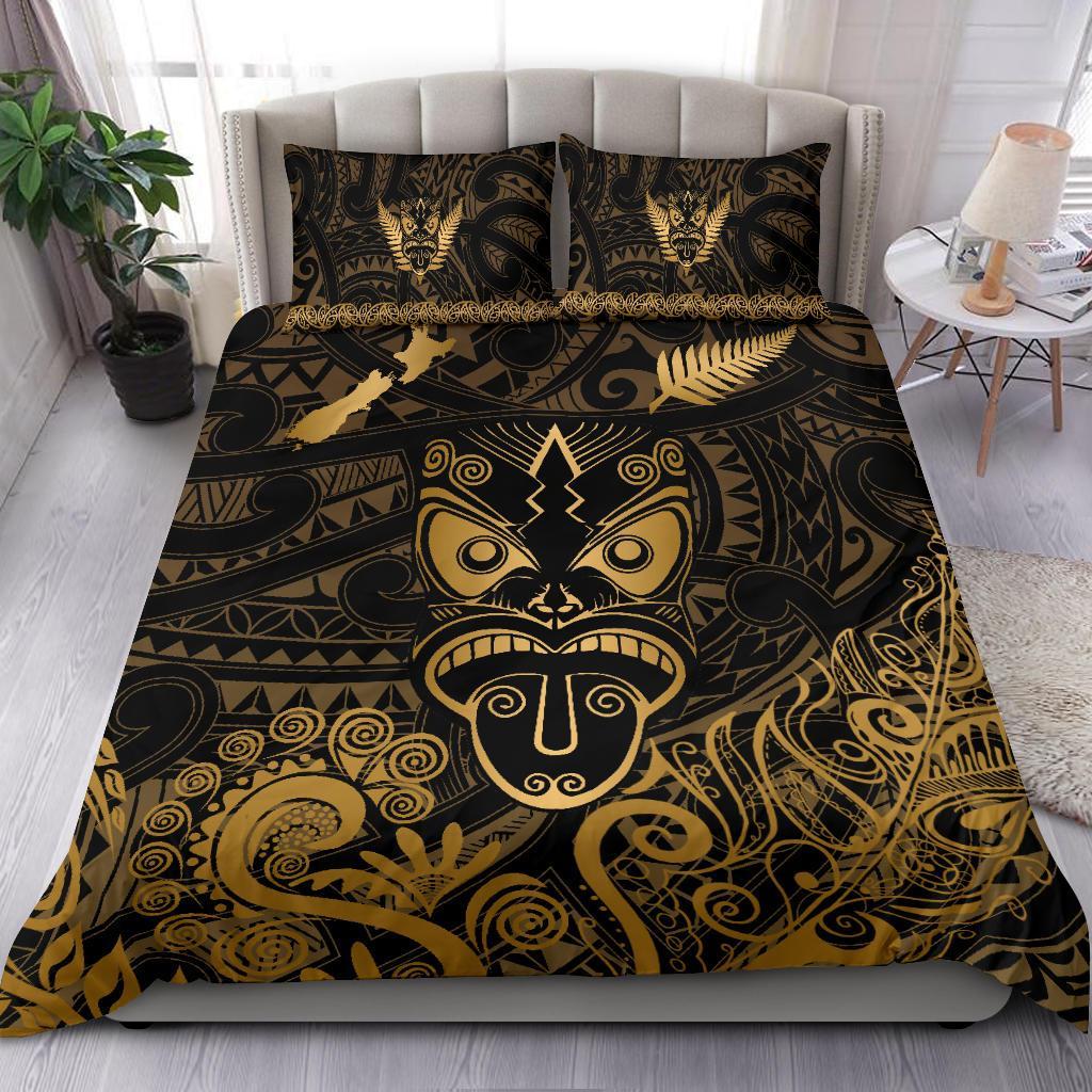 Maori Aotearoa Rugby Haka Bedding Set New Zealand Silver Fern - Gold Art - Polynesian Pride