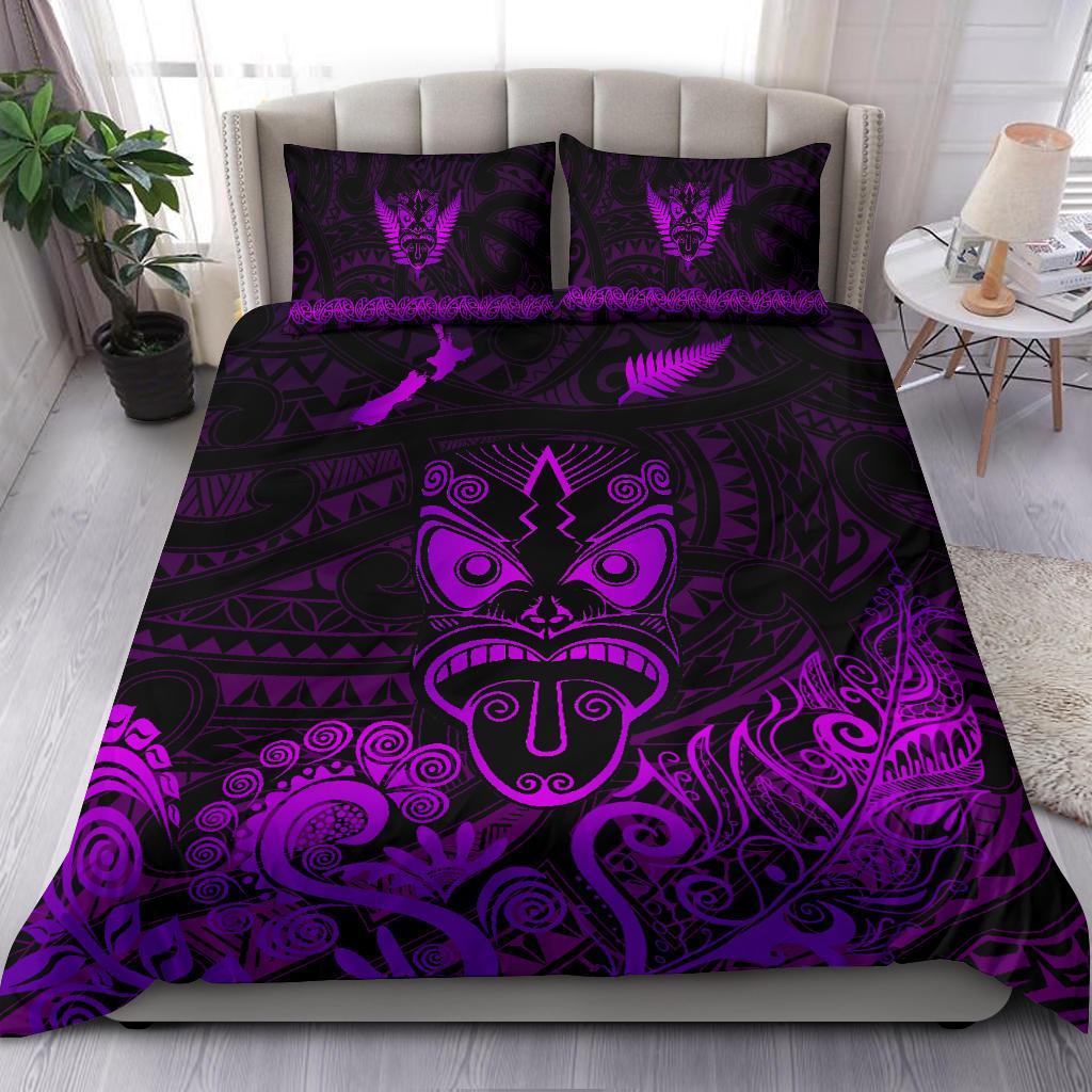 Maori Aotearoa Rugby Haka Bedding Set New Zealand Silver Fern - Purple Art - Polynesian Pride