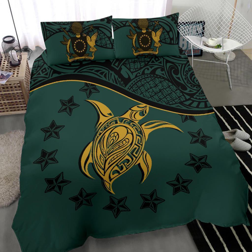 Cook Island Duvet Cover Set - Cook Island Flag & Turtle Tattoo Dark Green - Polynesian Pride