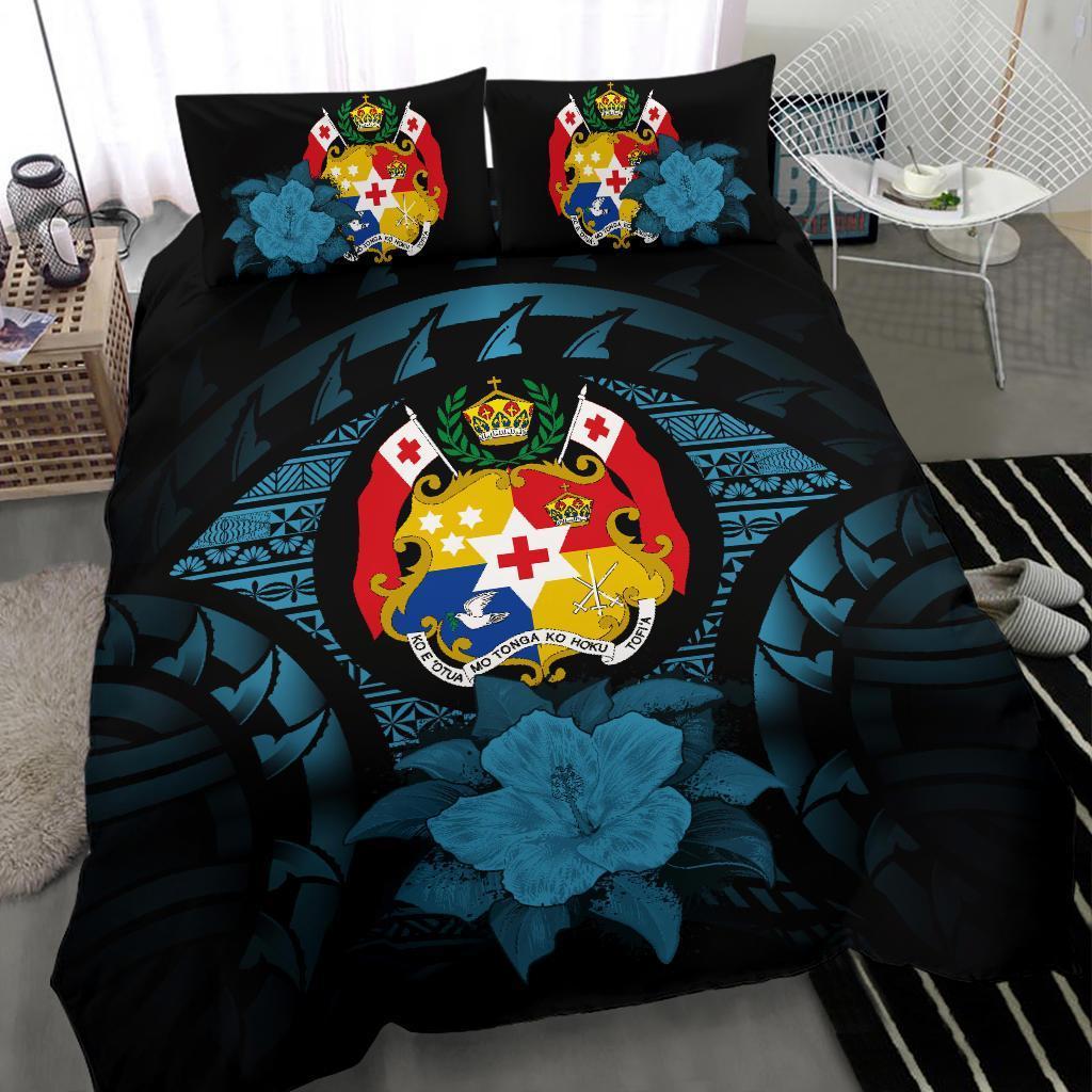 Tonga Duvet Cover Set - Tonga Coat Of Arms & Blue Hibiscus - Polynesian Pride
