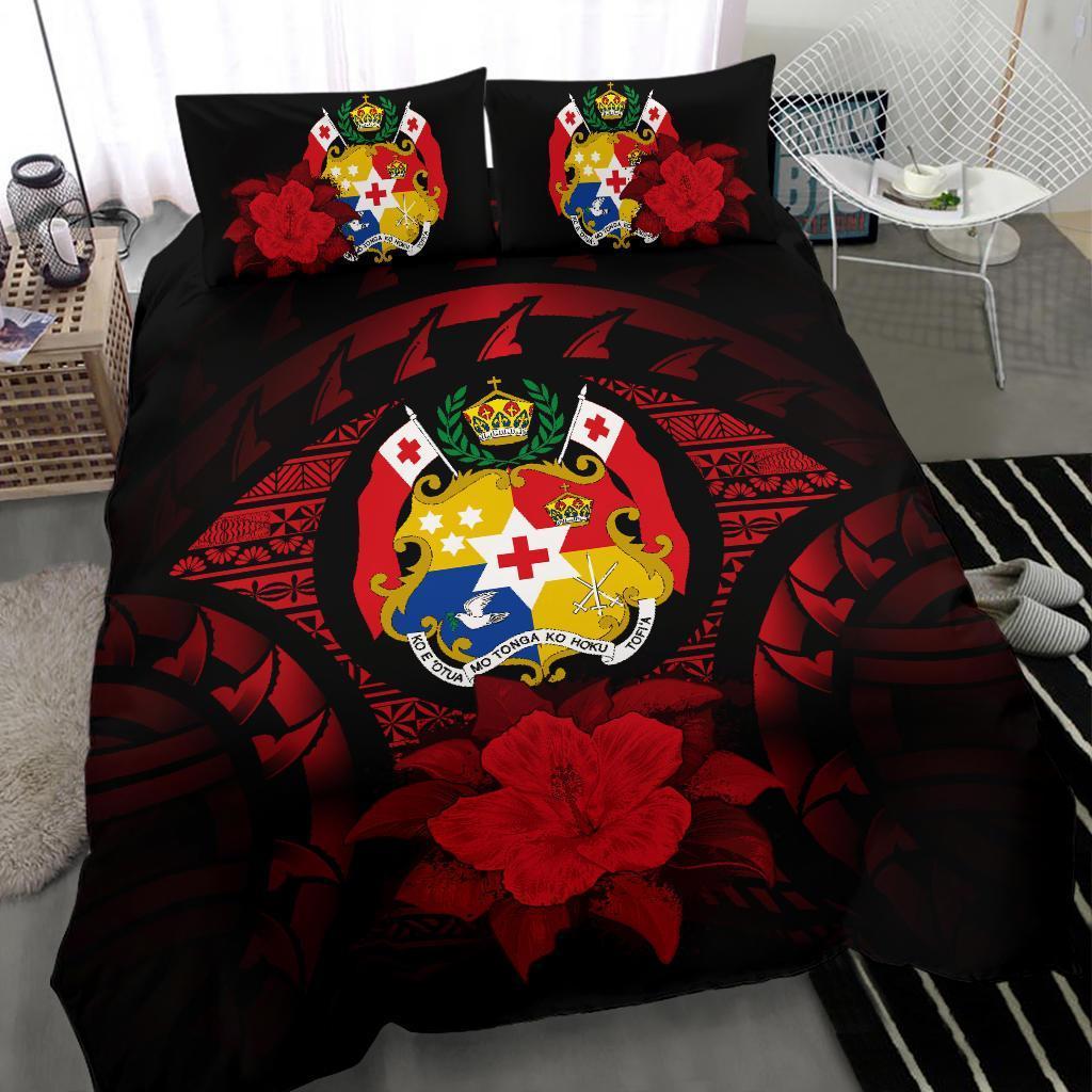 Tonga Duvet Cover Set - Tonga Coat Of Arms & Red Hibiscus - Polynesian Pride