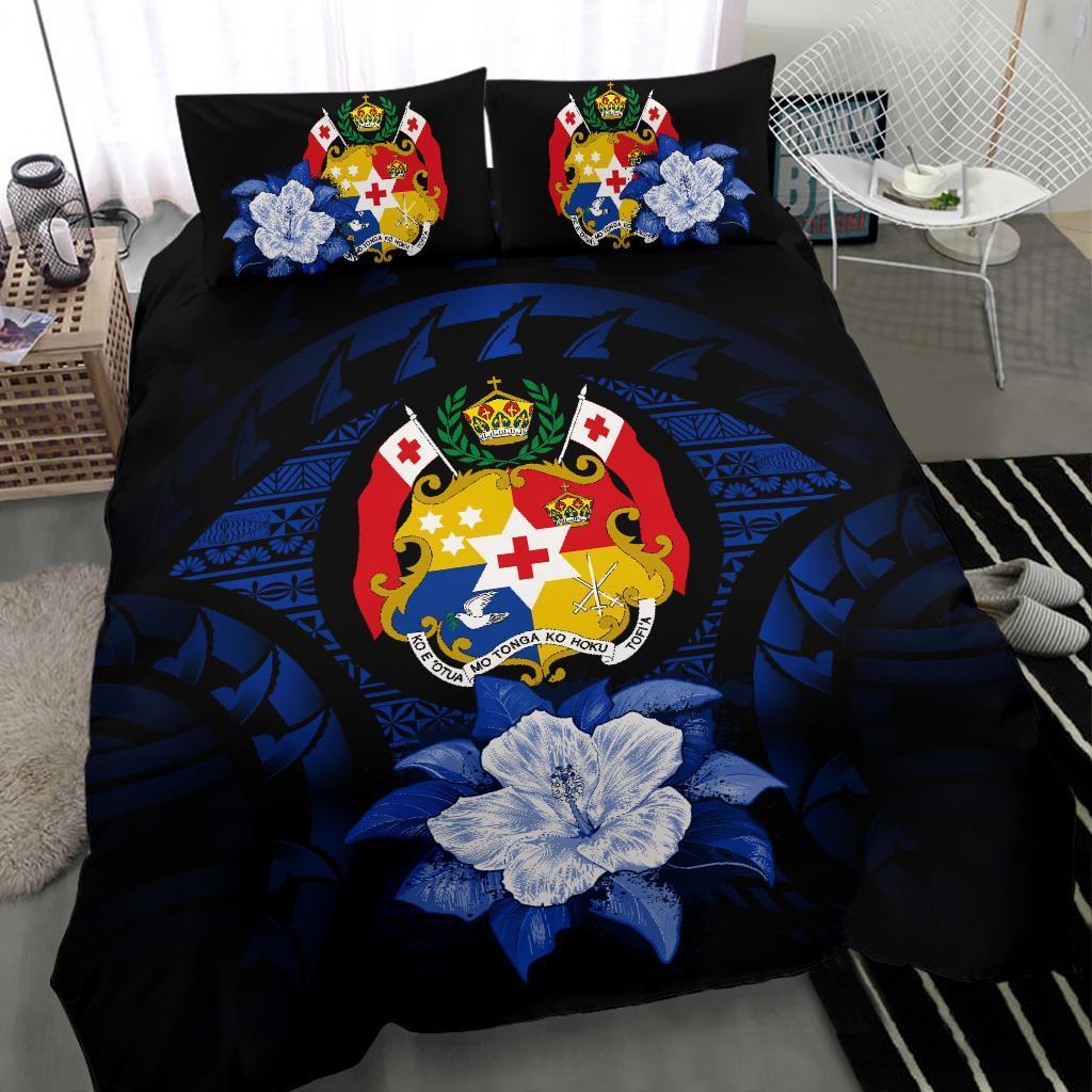 Tonga Duvet Cover Set - Tonga Coat Of Arms & Dark Blue Hibiscus - Polynesian Pride