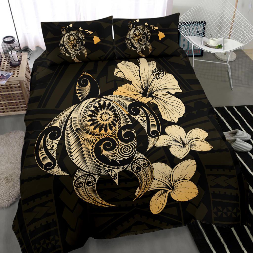 Hawaiian Hibiscus Plumeria Mix Turtle Polynesian Bedding Set Gold - Polynesian Pride