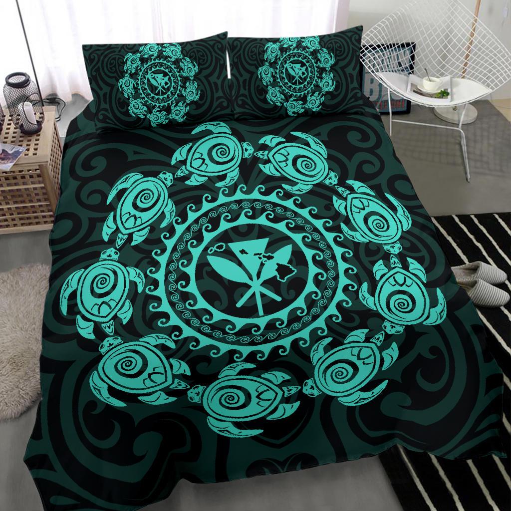 Hawaiian Map Kanaka Turtles Circle Style Turquoise Polynesian Bedding Set - Polynesian Pride