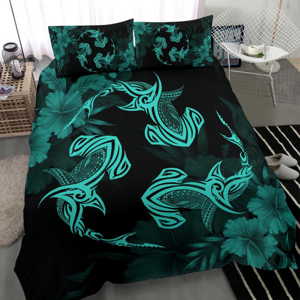 Hawaiian Hammerhead Shark Hibiscus Turquoise Polynesian Bedding Set - Polynesian Pride