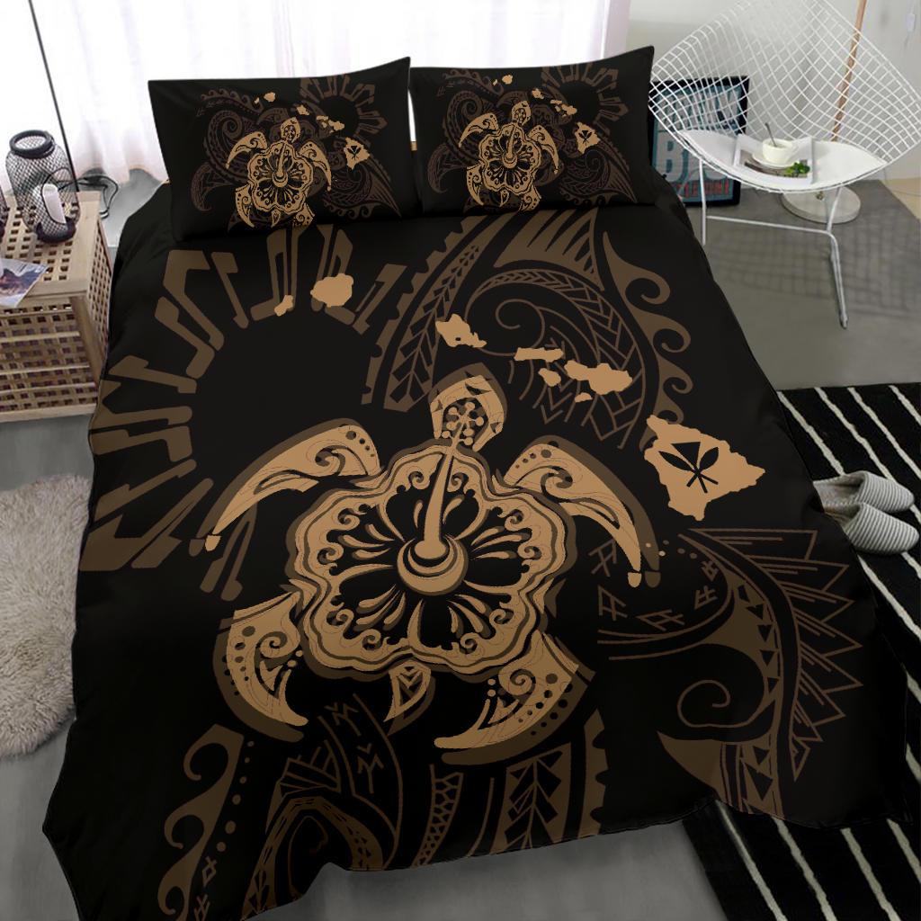 Hawaiian Map Kanaka Hibiscus Turtle Gold Polynesian Bedding Set - Polynesian Pride
