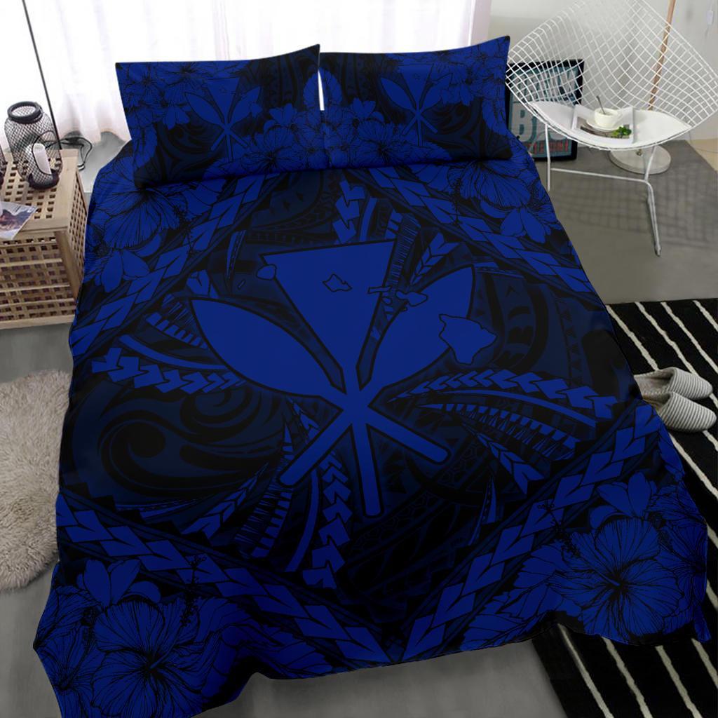 Hawaiian Map Kanaka Hibiscus Blue Polynesian Bedding Set - Polynesian Pride