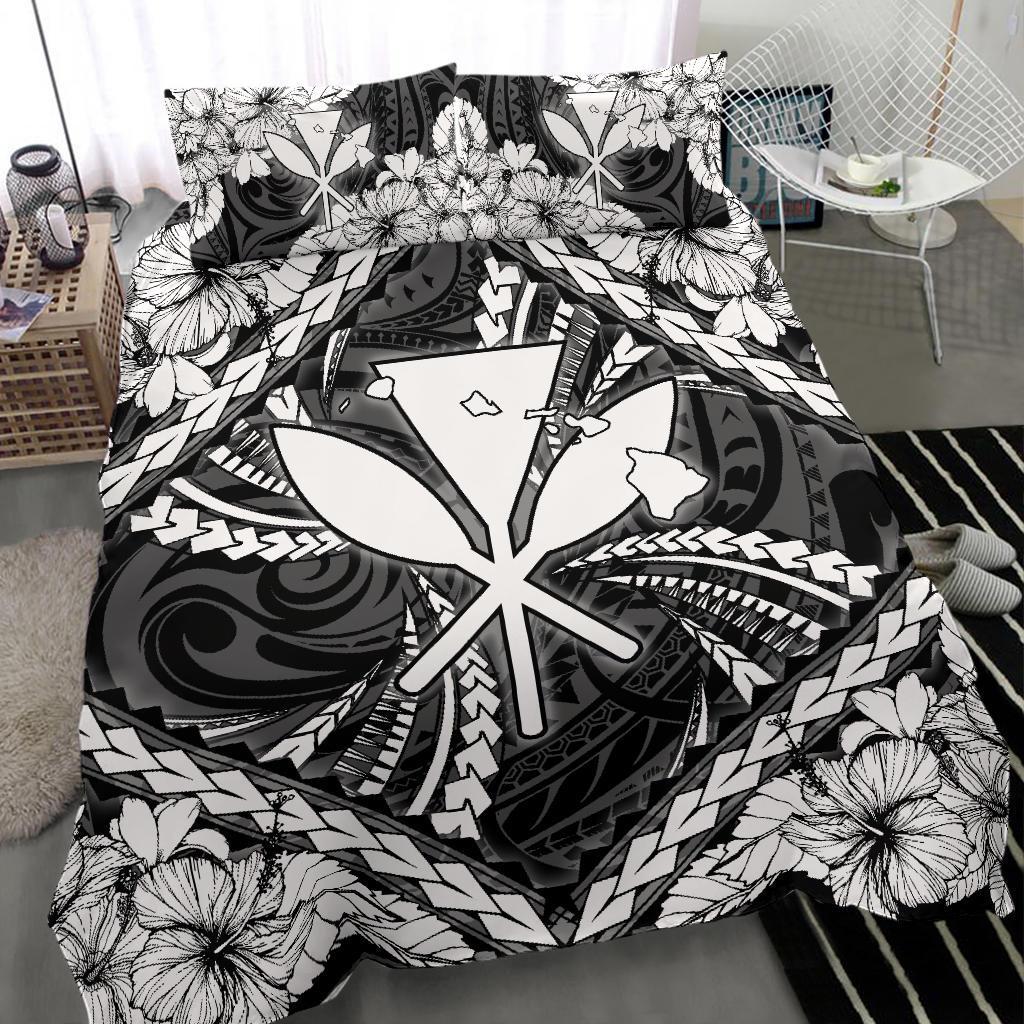 Hawaiian Map Kanaka Hibiscus White Polynesian Bedding Set - Polynesian Pride