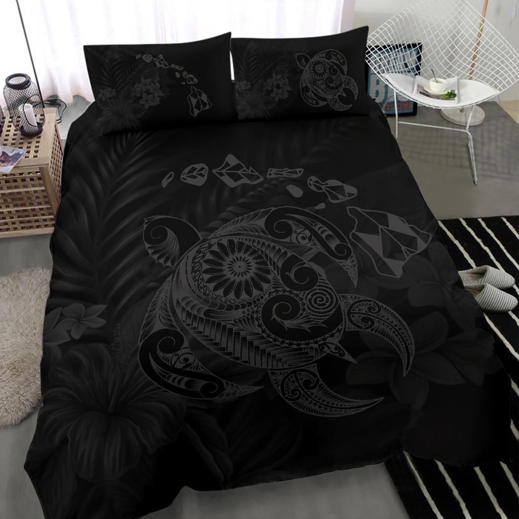 Hawaiian Map Turtle Tattoo Hibiscus Plumeria Polynesian Bedding Set - Gray - Polynesian Pride