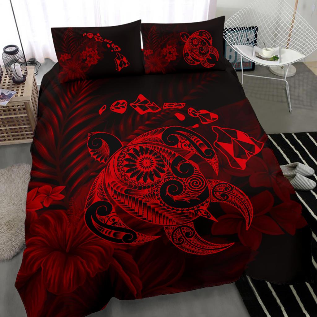 Hawaiian Map Turtle Tattoo Hibiscus Plumeria Polynesian Bedding Set - Red - Polynesian Pride