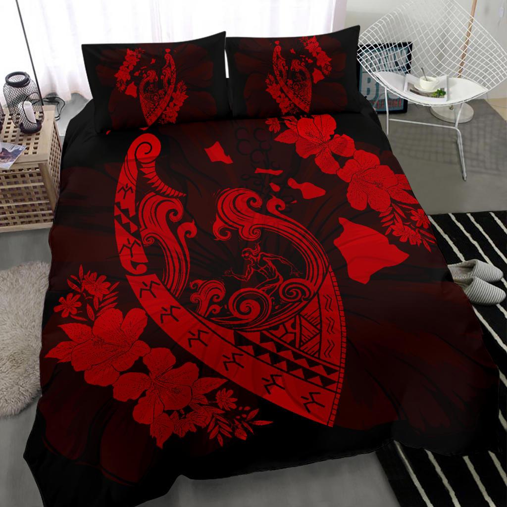 Hawaiian Fish Hook Hibiscus Banzai Surfing Polynesian Bedding Set Red - Polynesian Pride