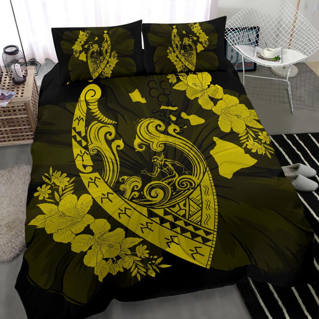 Hawaiian Fish Hook Hibiscus Banzai Surfing Polynesian Bedding Set Yellow - Polynesian Pride