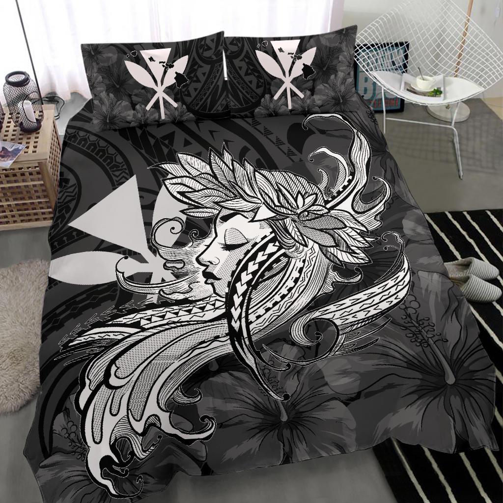 Hawaiian Map Hula Girl Hibiscus Kanaka Polynesian Bedding Set - White - Polynesian Pride