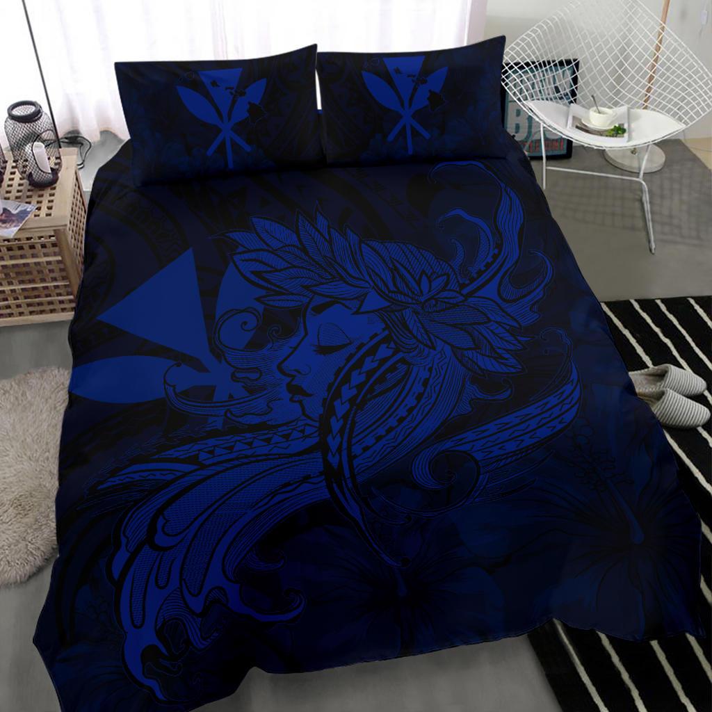 Hawaiian Map Hula Girl Hibiscus Kanaka Polynesian Bedding Set - Blue - Polynesian Pride