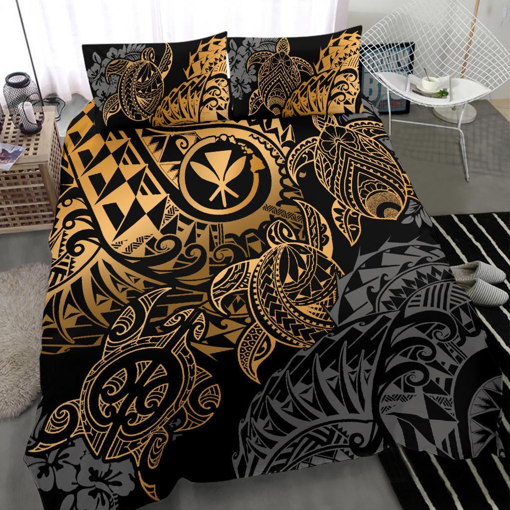 Polynesian Hawaii (Kanaka Maoli) Duvet Cover Set - Gold Hibiscus Turtle Flowing GOLD - Polynesian Pride