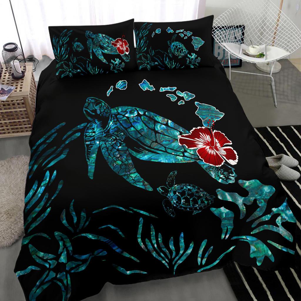 Hawaiian Map Turtle Hibiscus Ohana Honu Paua Shell Bedding Set - Polynesian Pride