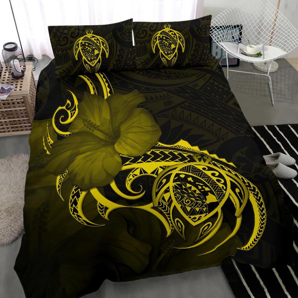 Hawaiian Map Turtle Hibiscus Divise Yellow Polynesian Bedding Set - Polynesian Pride