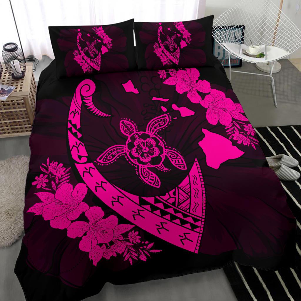 Hawaiian Map Hibiscus Turtle Fish Hook Polynesian Bedding Set Pink - Polynesian Pride