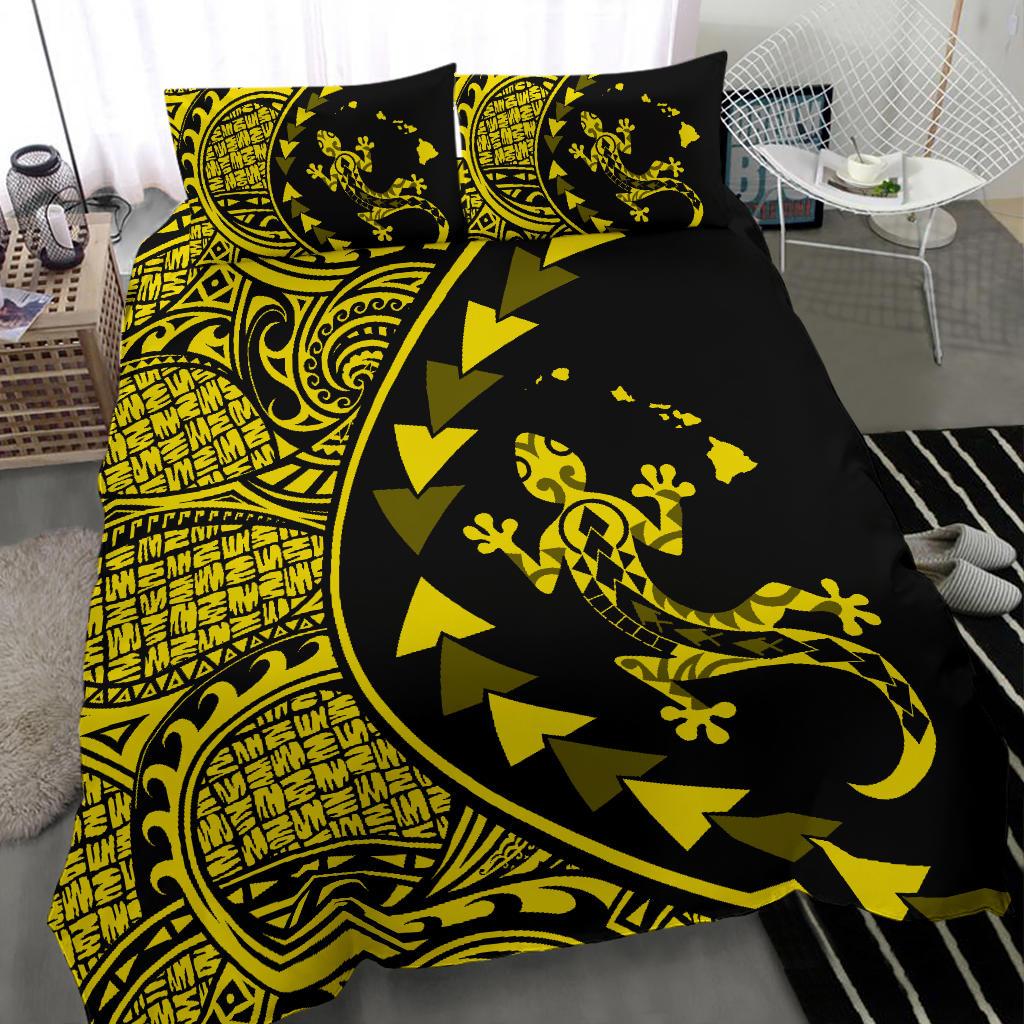 Hawaiian Map Gecko Tattoo Kakau Polynesian Bedding Set Yellow - Polynesian Pride