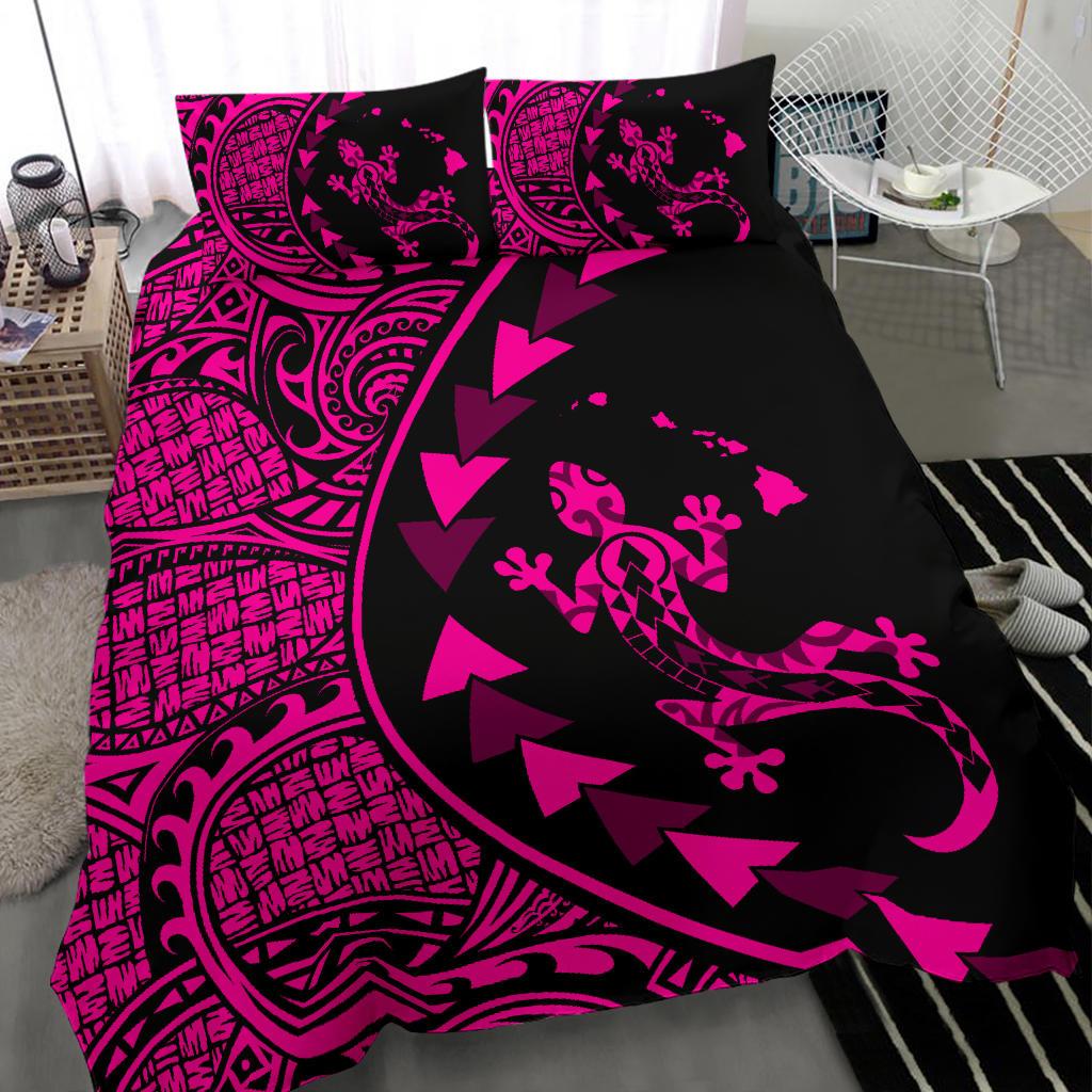 Hawaiian Map Gecko Tattoo Kakau Polynesian Bedding Set Pink - Polynesian Pride