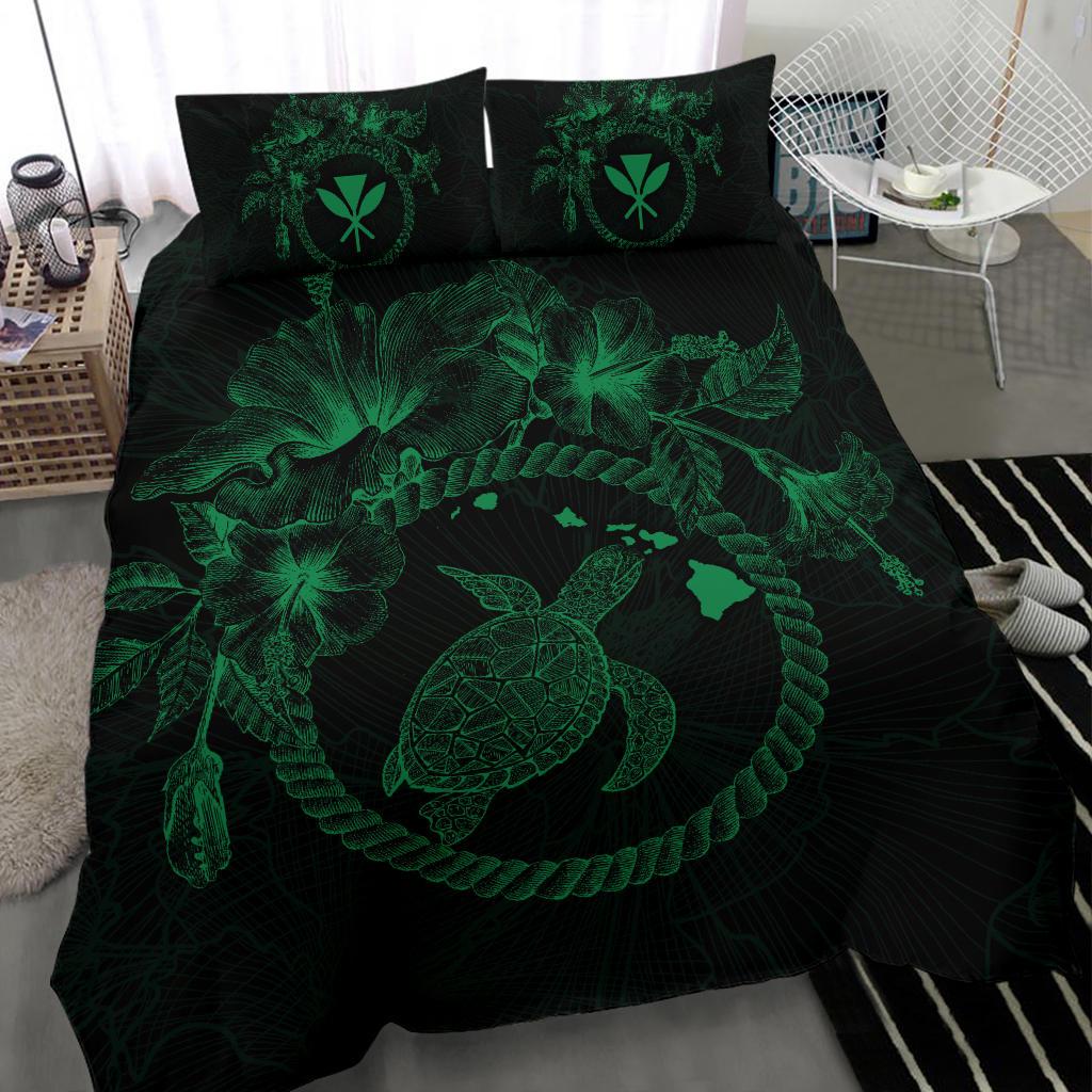 Polynesian Hawaii Bedding Set - Green Turtle Hibiscus Flower Frame Vintage - Polynesian Pride