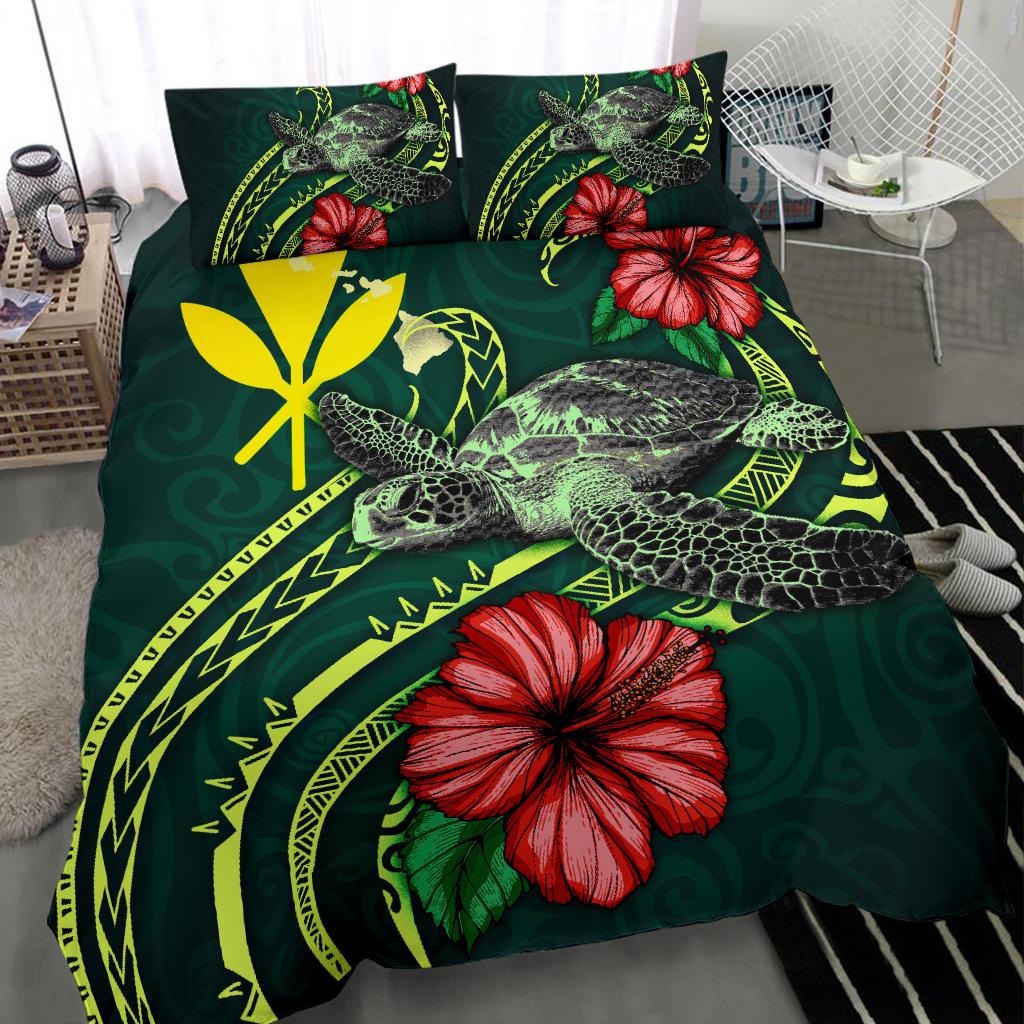 Polynesian Bedding Set - Hawaii Duvet Cover Set Green Turtle Hibiscus - Polynesian Pride