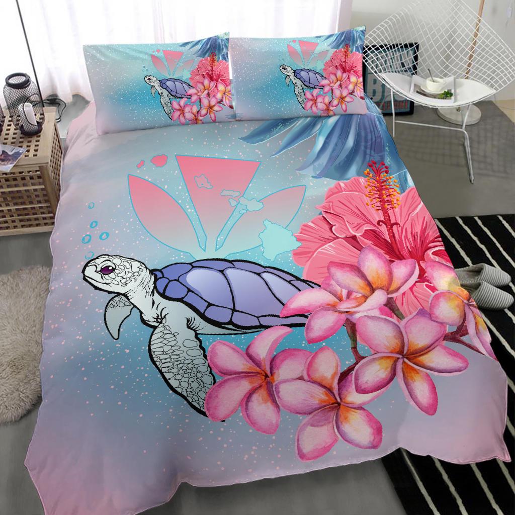 Hawaii Map Kanaka Turtle Galaxy Night Plumeria Hibiscus Bedding Set - Polynesian Pride
