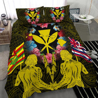 Hawaii Map Kanaka Two Men Holding Flag Bedding Set - AH - Yellow - Polynesian Pride