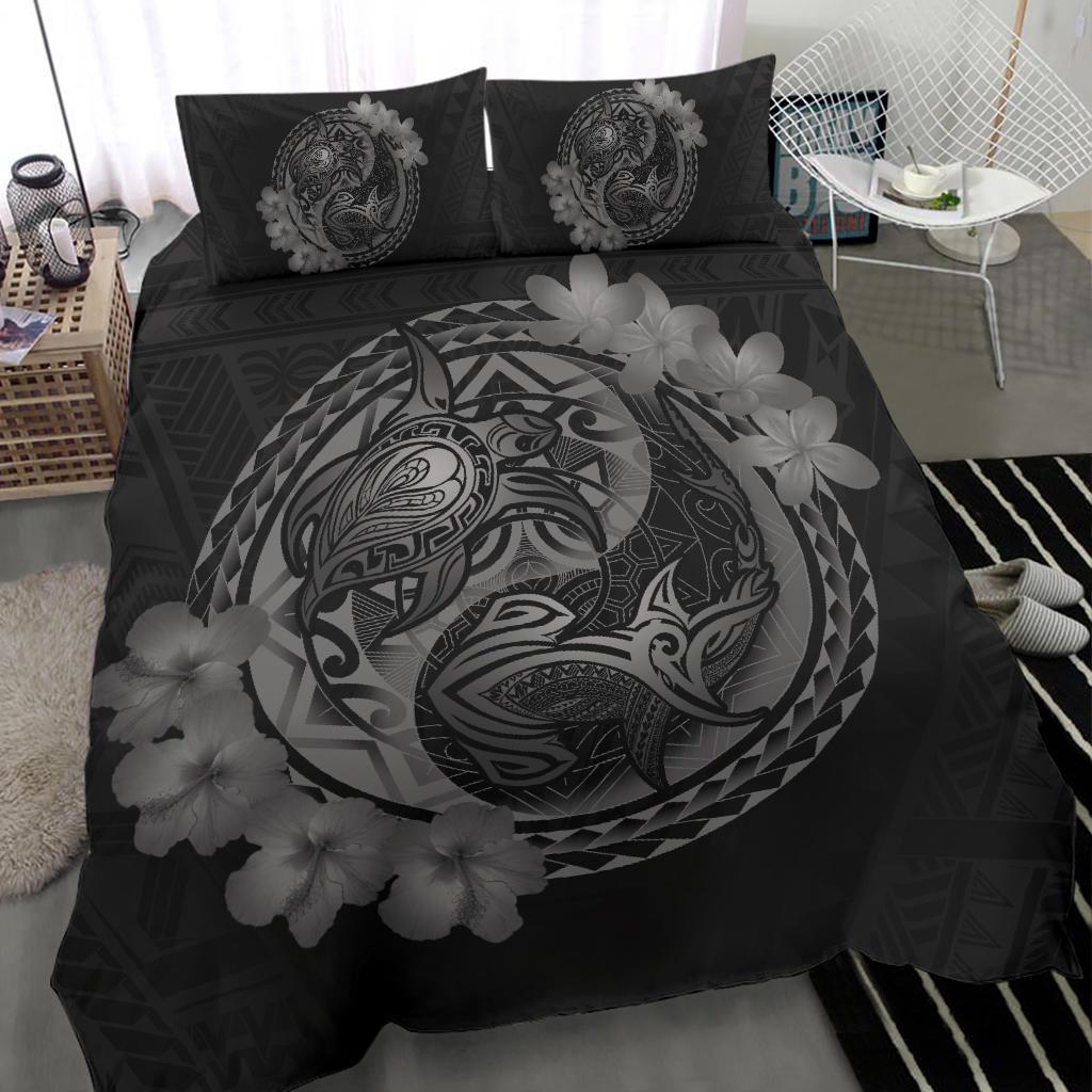 Hawaii Yin Yang Turtle Shark Hibiscus Plumeria Bedding Set - Gray - Polynesian Pride