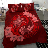 Hawaii Yin Yang Turtle Shark Hibiscus Plumeria Bedding Set - Red - Polynesian Pride